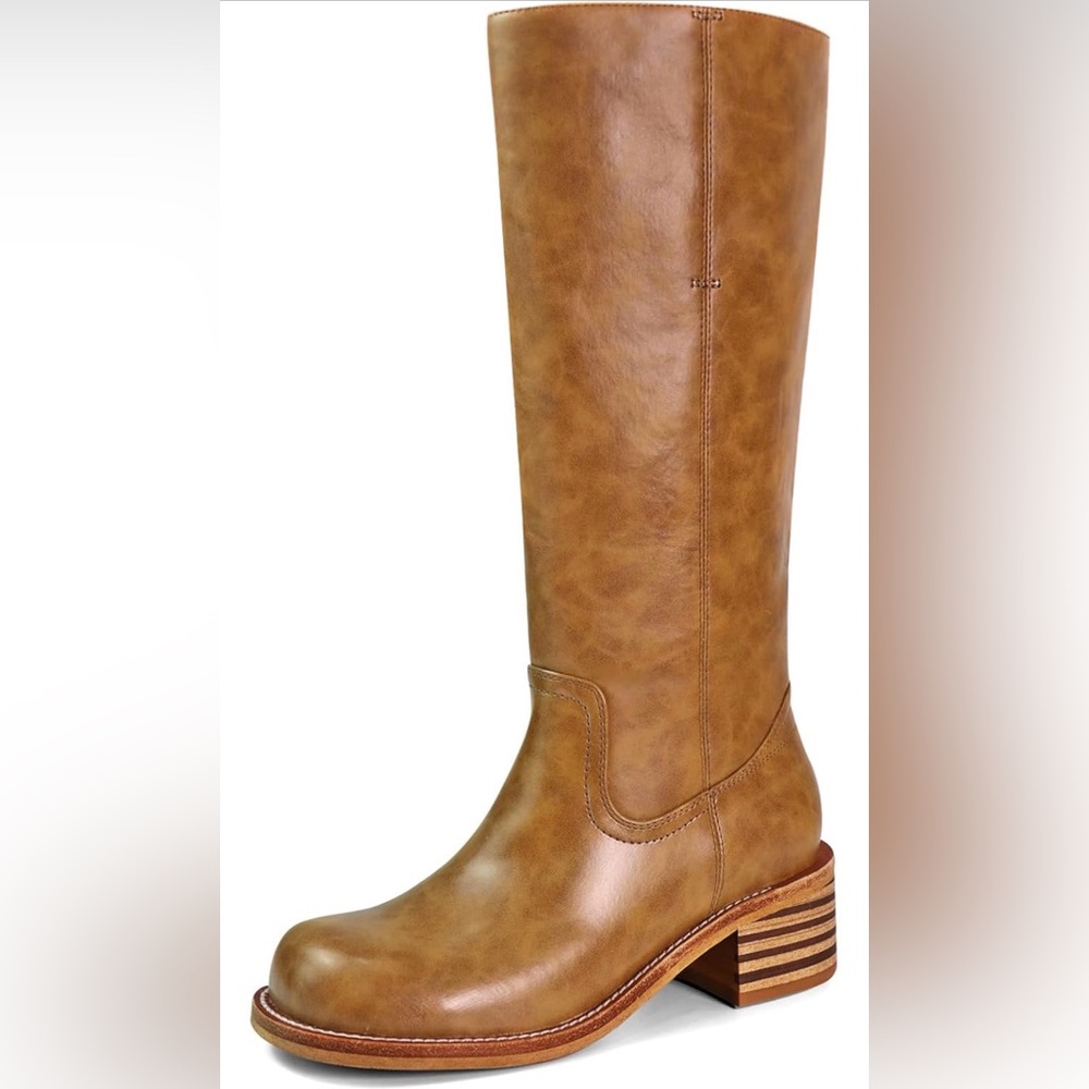 *NWOT* Tan Knee-High Square Toe Chunky Heel Boots